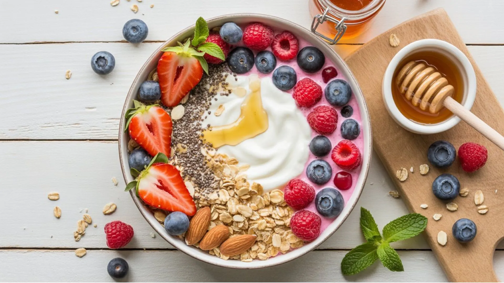 Breakfast Recipes without Eggs bowl of overnight oats topped with berries and sliced banana