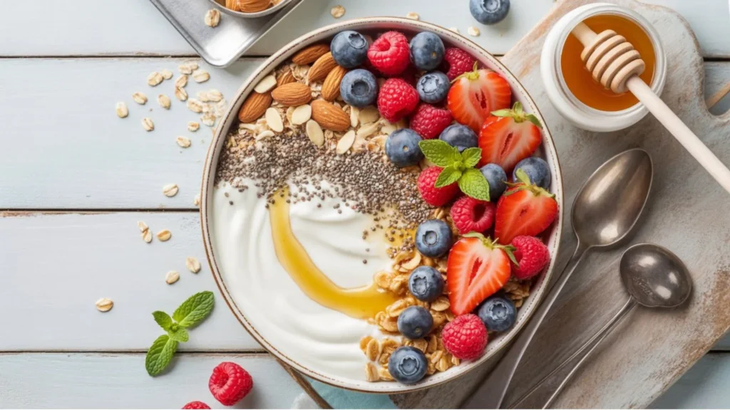 Breakfast Recipes without Eggs stack of golden oat pancakes with strawberries and yogurt