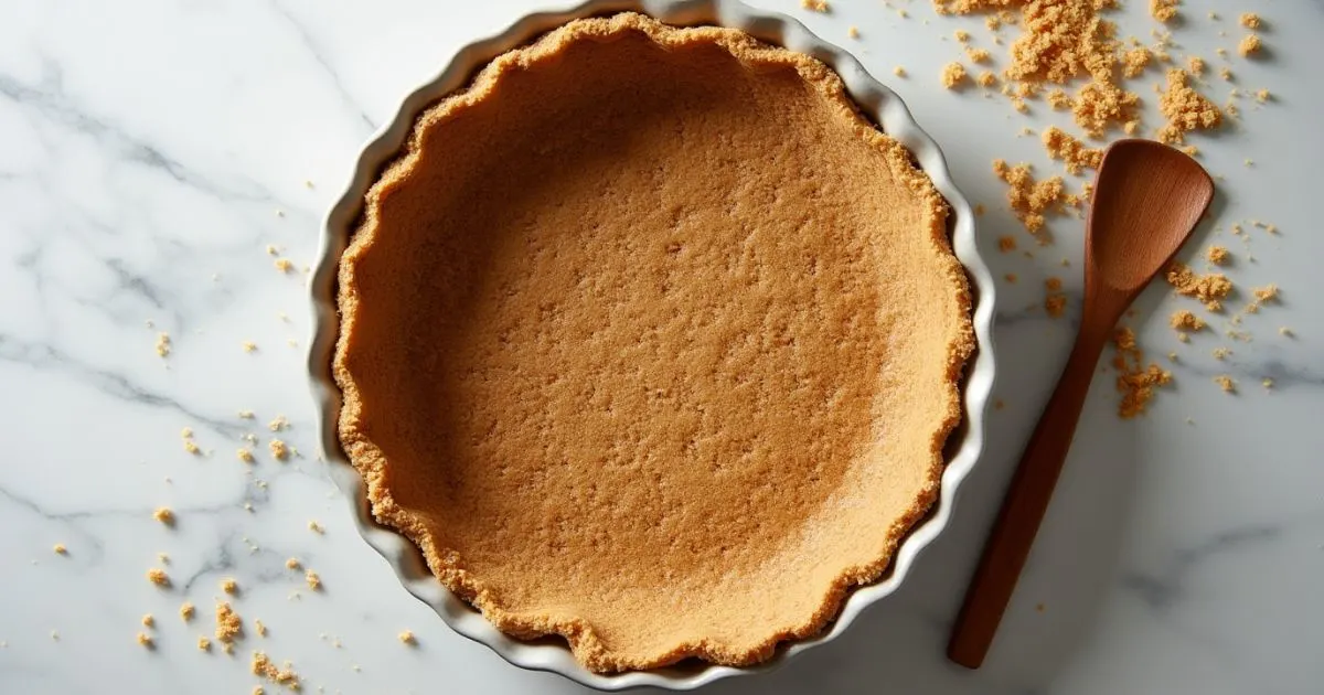 Homemade gluten-free graham cracker crust in a pie dish, evenly pressed and golden brown on a marble countertop