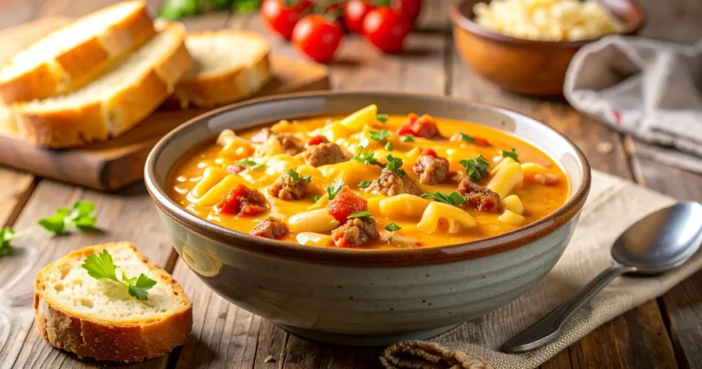 Comforting one-pot cheeseburger mac soup topped with melted cheese and served hot in a farmhouse-style bowl.