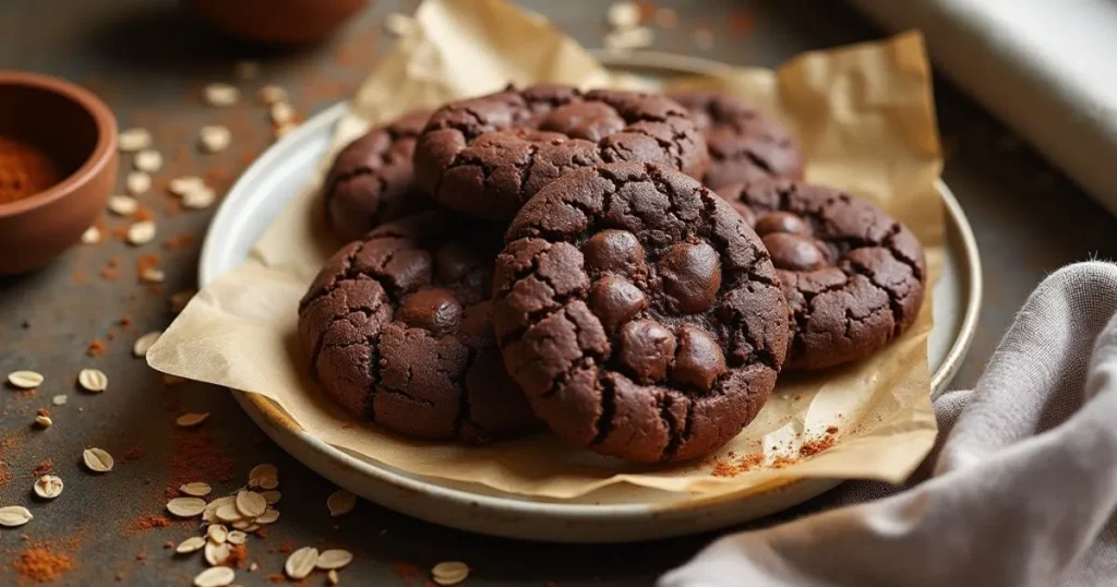 Homemade Chocolate No-Bake Oatmeal Cookies on parchment paper with oats and cocoa powder, perfect for a quick and easy dessert or snack.