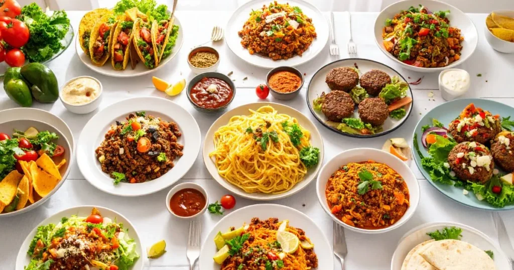 A bright family kitchen table displaying ground beef recipes for kids, with colorful plates of tacos, mini sliders, spaghetti with meat sauce, meatloaf muffins, and quesadillas, presented in an inviting and cheerful atmosphere.