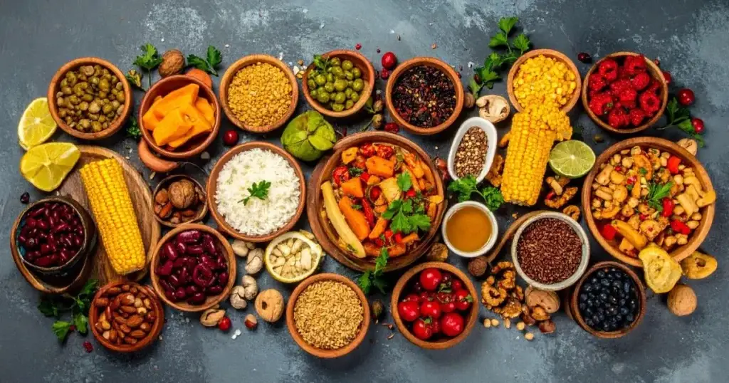 A colorful assortment of traditional Native American foods, including corn, beans, squash, wild rice, berries, and nuts, beautifully arranged on rustic wooden platters and clay bowls, highlighting the diversity and heritage of Indigenous cuisine.