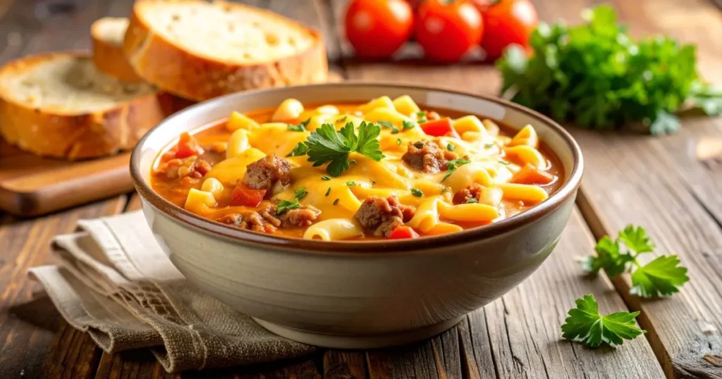 Comforting one-pot cheeseburger mac soup topped with melted cheese and served hot in a farmhouse-style bowl.