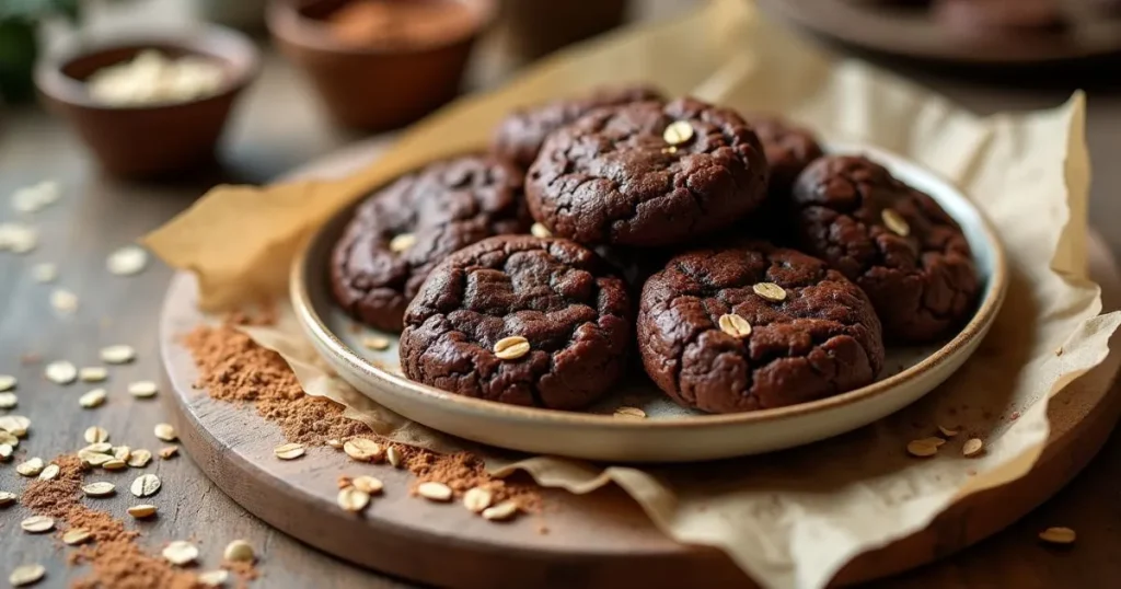 Homemade Chocolate No-Bake Oatmeal Cookies on parchment paper with oats and cocoa powder, perfect for a quick and easy dessert or snack.