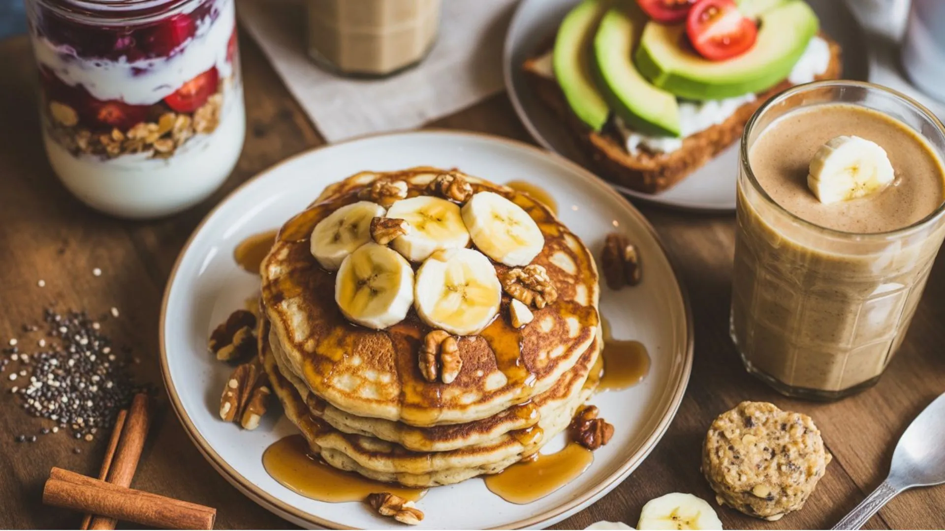 25 Easy Breakfast Ideas Without Eggs displayed on a colorful breakfast table