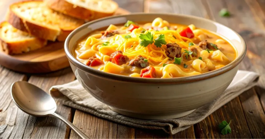Comforting one-pot cheeseburger mac soup topped with melted cheese and served hot in a farmhouse-style bowl.