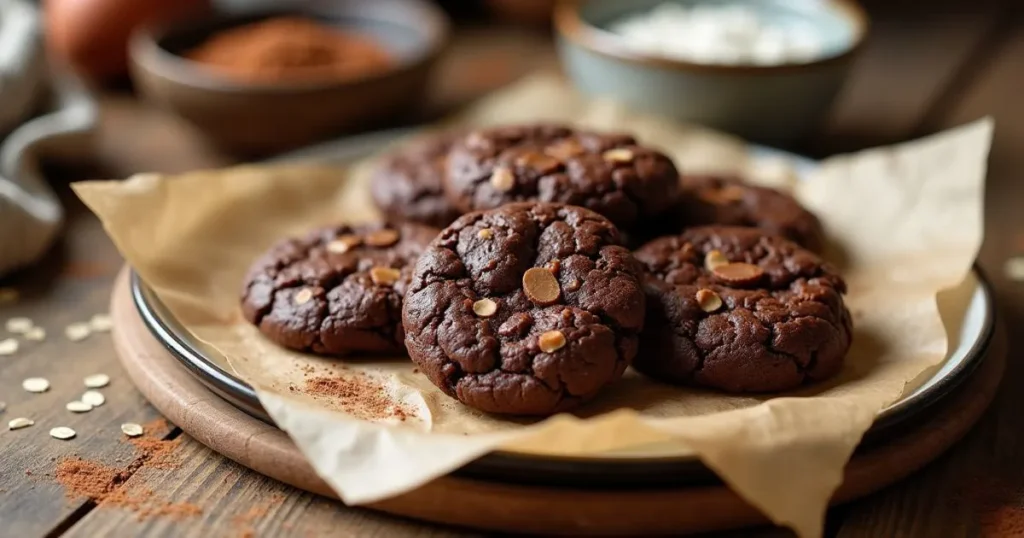 Homemade Chocolate No-Bake Oatmeal Cookies on parchment paper with oats and cocoa powder, perfect for a quick and easy dessert or snack.