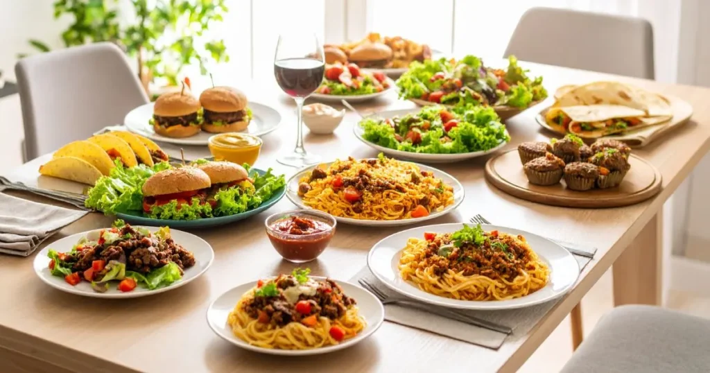 A bright family kitchen table displaying ground beef recipes for kids, with colorful plates of tacos, mini sliders, spaghetti with meat sauce, meatloaf muffins, and quesadillas, presented in an inviting and cheerful atmosphere.