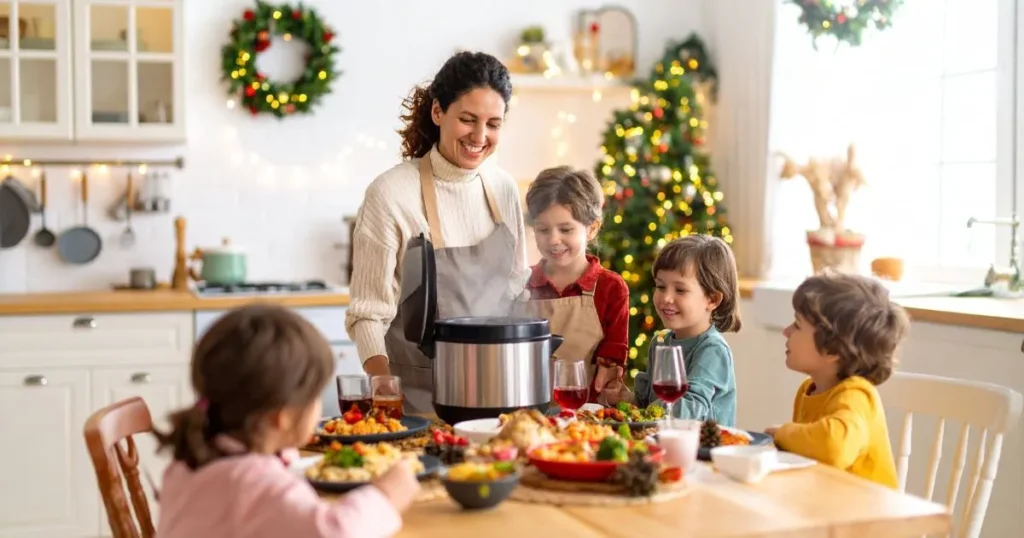 A cozy family kitchen scene illustrating “Instant Pot Family Recipes”: A smiling but tired mom stands beside a steaming Instant Pot, while kids eagerly wait at a dinner table filled with quick and easy homemade meals.
