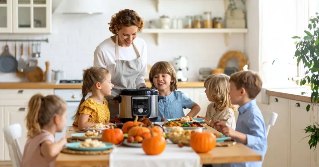 A cozy family kitchen scene illustrating “Instant Pot Family Recipes”: A smiling but tired mom stands beside a steaming Instant Pot, while kids eagerly wait at a dinner table filled with quick and easy homemade meals.