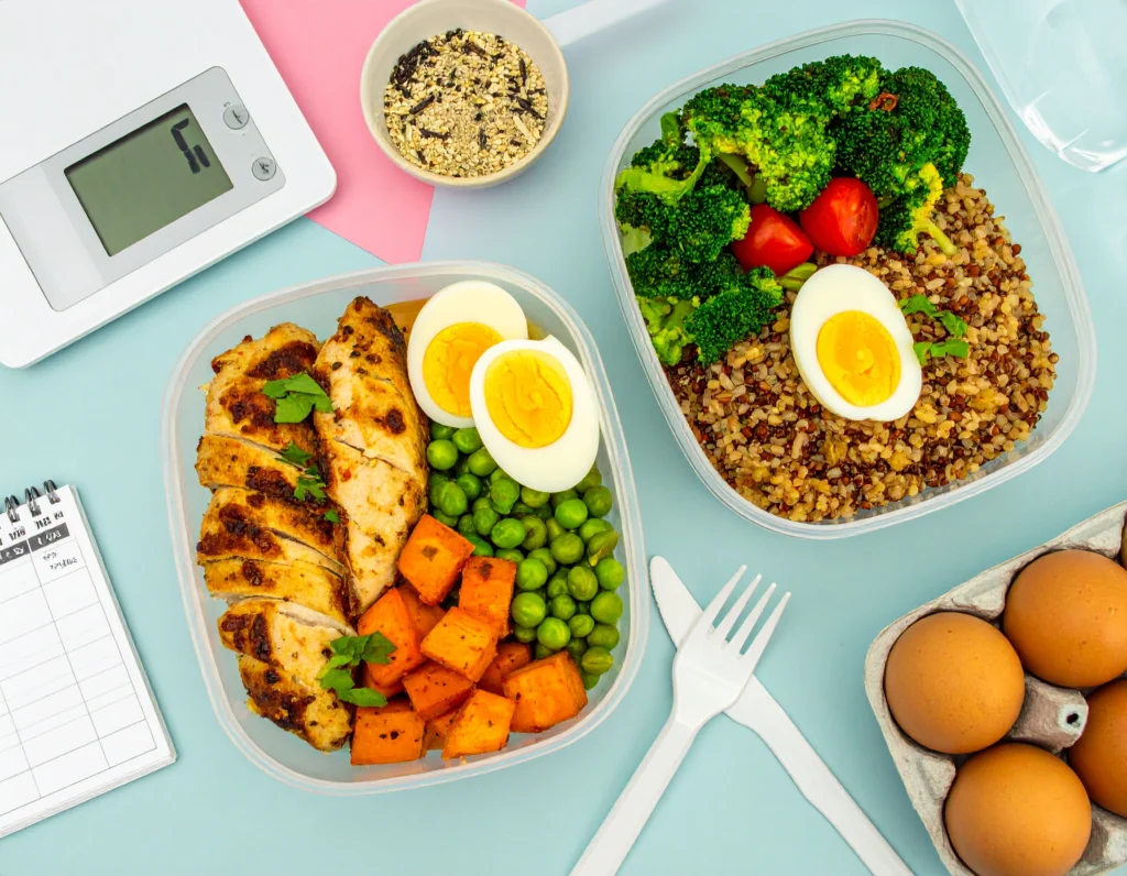 Clean and organized bulking meal prep layout with high-protein foods like chicken, rice, sweet potatoes, and vegetables in glass containers on a kitchen counter.
