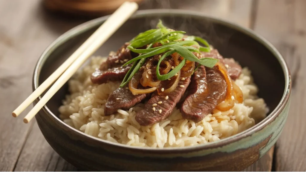 Sizzling beef pepper rice with sweet corn and garlic in a skillet
