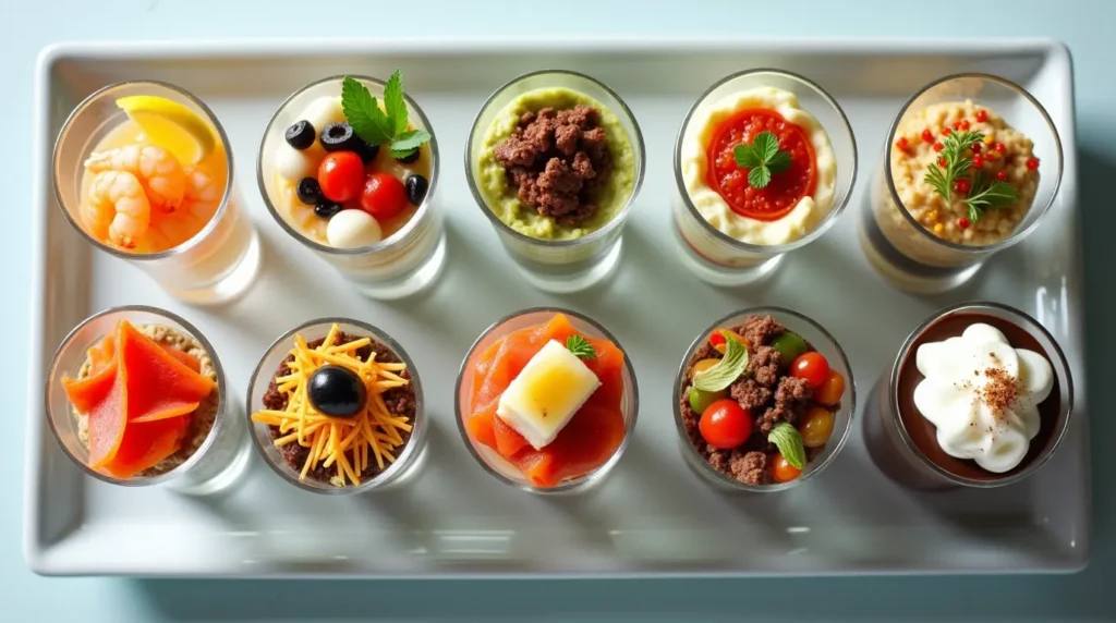 Colorful snack shot appetizers including shrimp cocktail, hummus, and parfaits