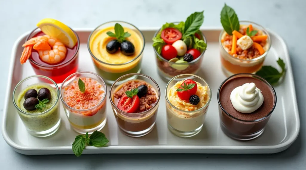 Colorful snack shot appetizers including shrimp cocktail, hummus, and parfaits