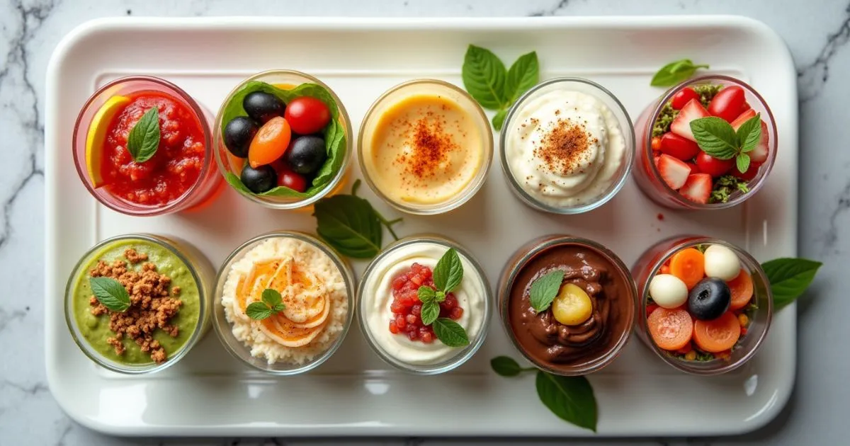 Colorful snack shot appetizers including shrimp cocktail, hummus, and parfaits