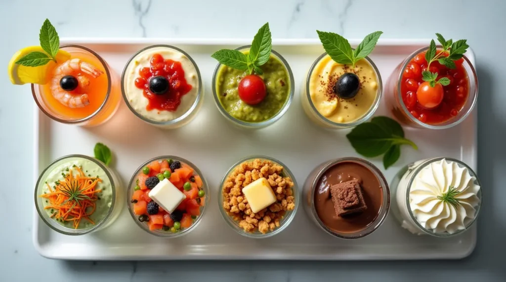 Colorful snack shot appetizers including shrimp cocktail, hummus, and parfaits