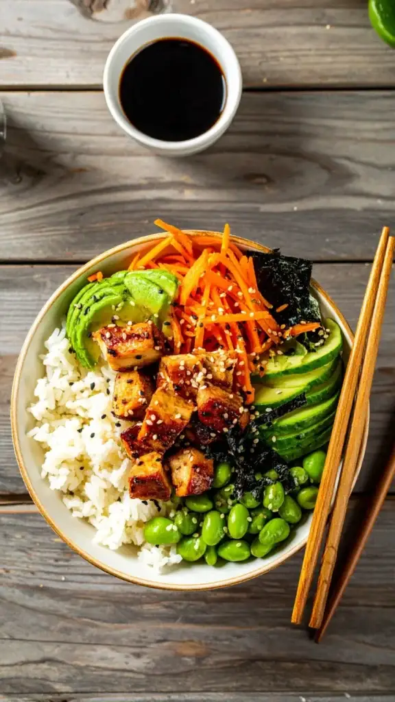 Homemade Asian Bowls / Asian rice bowl with white rice, grilled chicken, fresh vegetables, edamame, and sesame seeds, served in a ceramic bowl with chopsticks on a wooden table