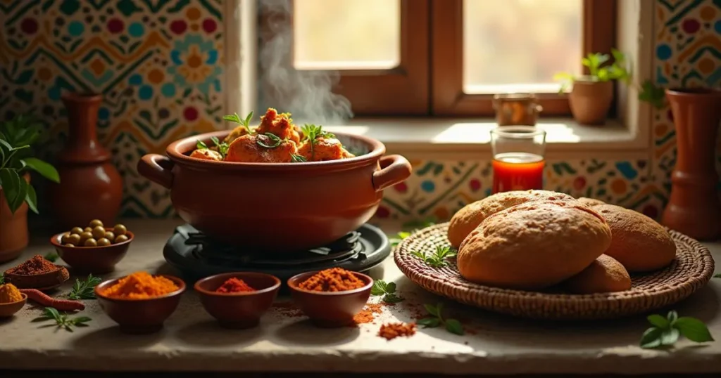 Authentic Moroccan chicken tagine cooking in a traditional clay pot, surrounded by olives, preserved lemons, and spices in a rustic kitchen setting with warm natural lighting.