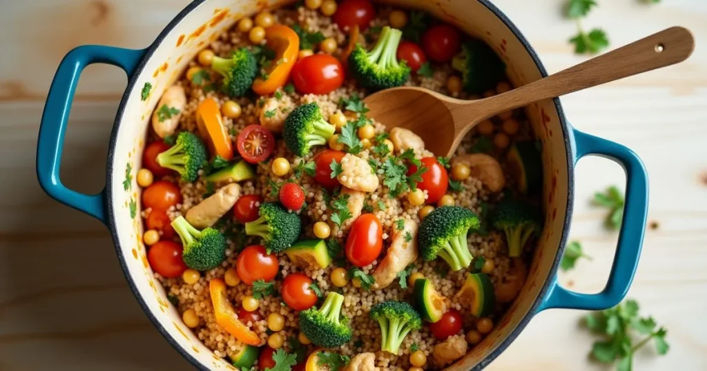 Healthy One Pot Meals with colorful vegetables, lean protein, and grains simmering in a large pot, garnished with fresh herbs and styled on a kitchen counter for a quick and nutritious dinner.