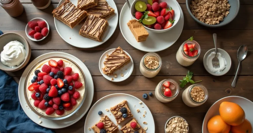 A delicious spread showcasing No-Bake Dessert Recipes on a rustic wooden counter, featuring berry-topped cheesecake, layered icebox cake, chocolate peanut butter bars, and chia pudding jars. Surrounding ingredients like oats, coconut cream, and graham crackers are arranged in warm natural lighting for a cozy, homemade feel.