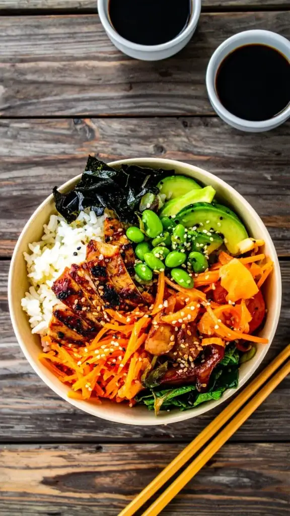 Homemade Asian Bowls / Asian rice bowl with white rice, grilled chicken, fresh vegetables, edamame, and sesame seeds, served in a ceramic bowl with chopsticks on a wooden table