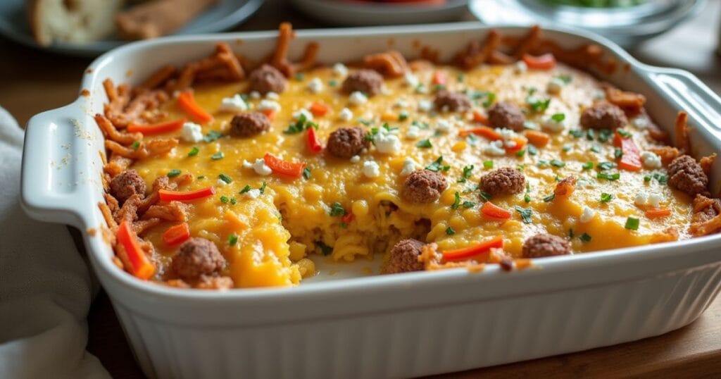 Gluten-free breakfast casserole in a white baking dish, topped with melted cheese and colorful vegetables, served hot on a wooden table with natural morning light.