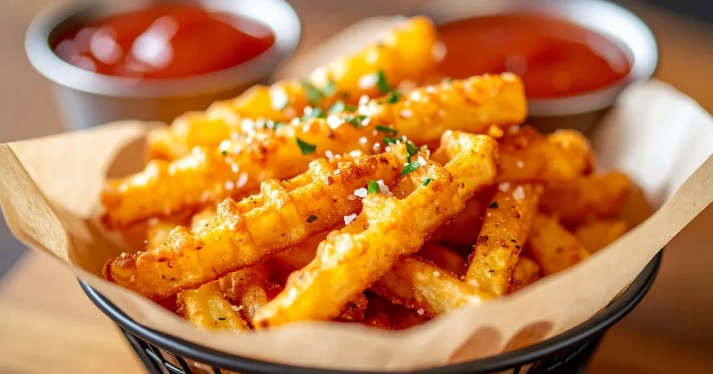 Golden Chick-fil-A style waffle fries in a parchment-lined basket with dipping sauce, crispy texture and warm lighting in a restaurant setting.