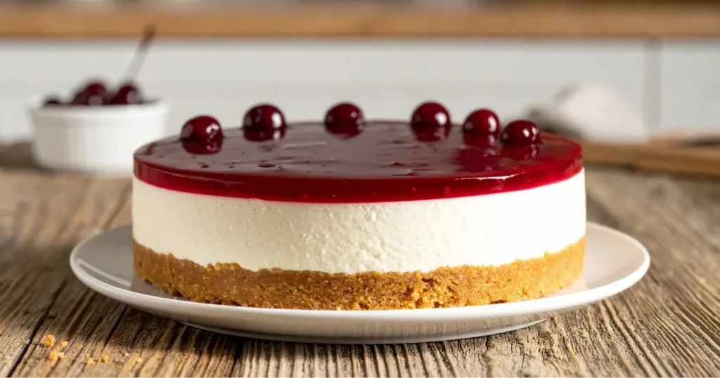 A no-bake cherry cheesecake with a creamy filling and graham cracker crust, topped with glossy cherries, displayed on a wooden table in natural light.