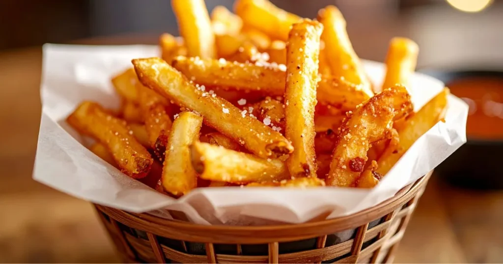 Golden Chick-fil-A style waffle fries in a parchment-lined basket with dipping sauce, crispy texture and warm lighting in a restaurant setting.
