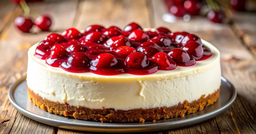 A no-bake cherry cheesecake with a creamy filling and graham cracker crust, topped with glossy cherries, displayed on a wooden table in natural light.