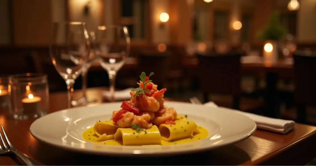 Cozy and upscale interior of Dua Italian Cuisine and Steak House featuring rustic decor and candlelit tables.