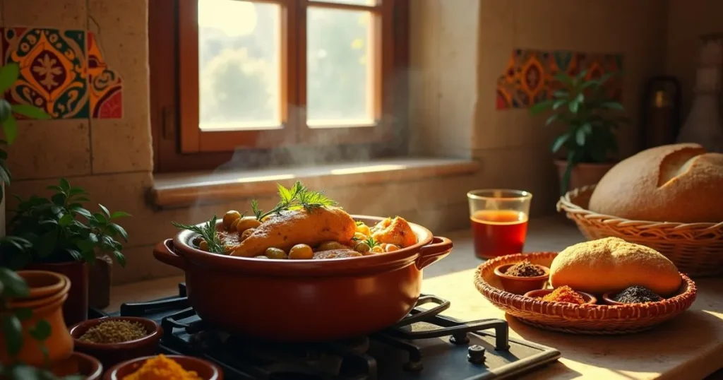 Authentic Moroccan chicken tagine cooking in a traditional clay pot, surrounded by olives, preserved lemons, and spices in a rustic kitchen setting with warm natural lighting.