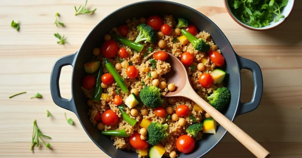 Healthy One Pot Meals with colorful vegetables, lean protein, and grains simmering in a large pot, garnished with fresh herbs and styled on a kitchen counter for a quick and nutritious dinner.