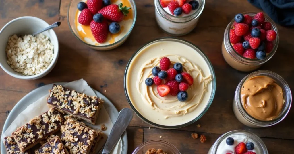 A delicious spread showcasing No-Bake Dessert Recipes on a rustic wooden counter, featuring berry-topped cheesecake, layered icebox cake, chocolate peanut butter bars, and chia pudding jars. Surrounding ingredients like oats, coconut cream, and graham crackers are arranged in warm natural lighting for a cozy, homemade feel.
