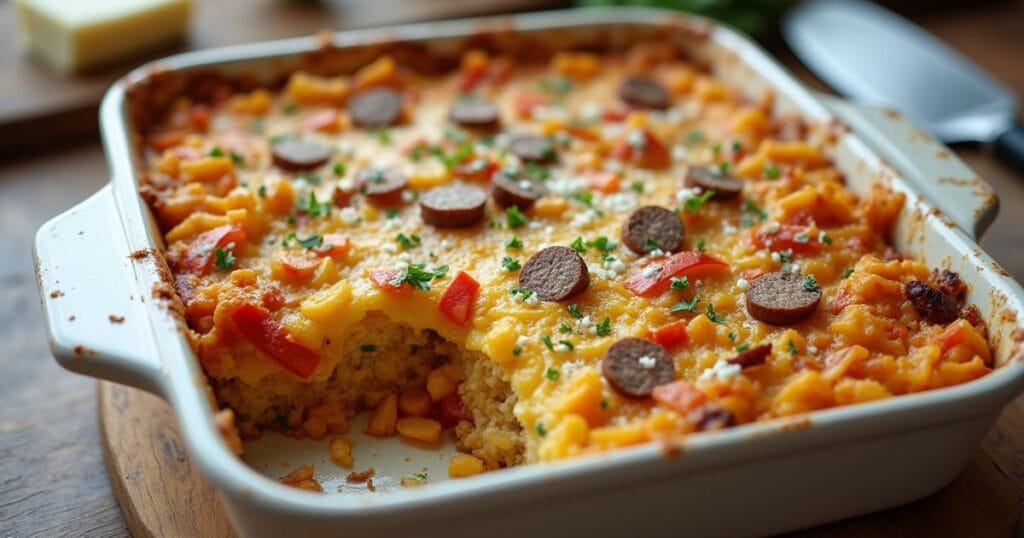 Gluten-free breakfast casserole in a white baking dish, topped with melted cheese and colorful vegetables, served hot on a wooden table with natural morning light.