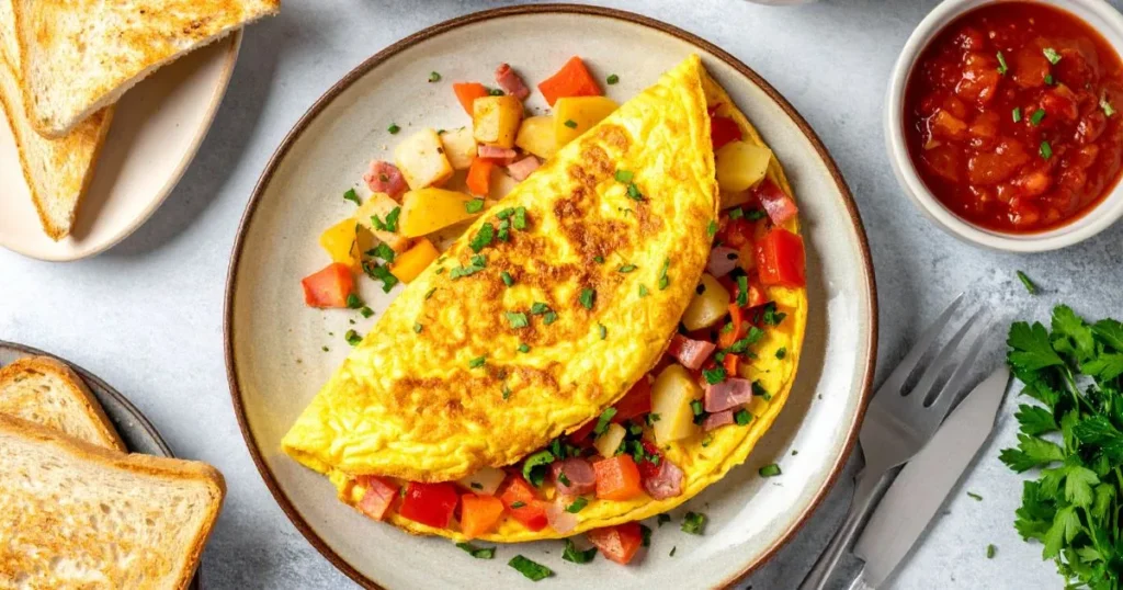 Denver omelette with cheese and potatoes served on a plate with toast and salsa.
