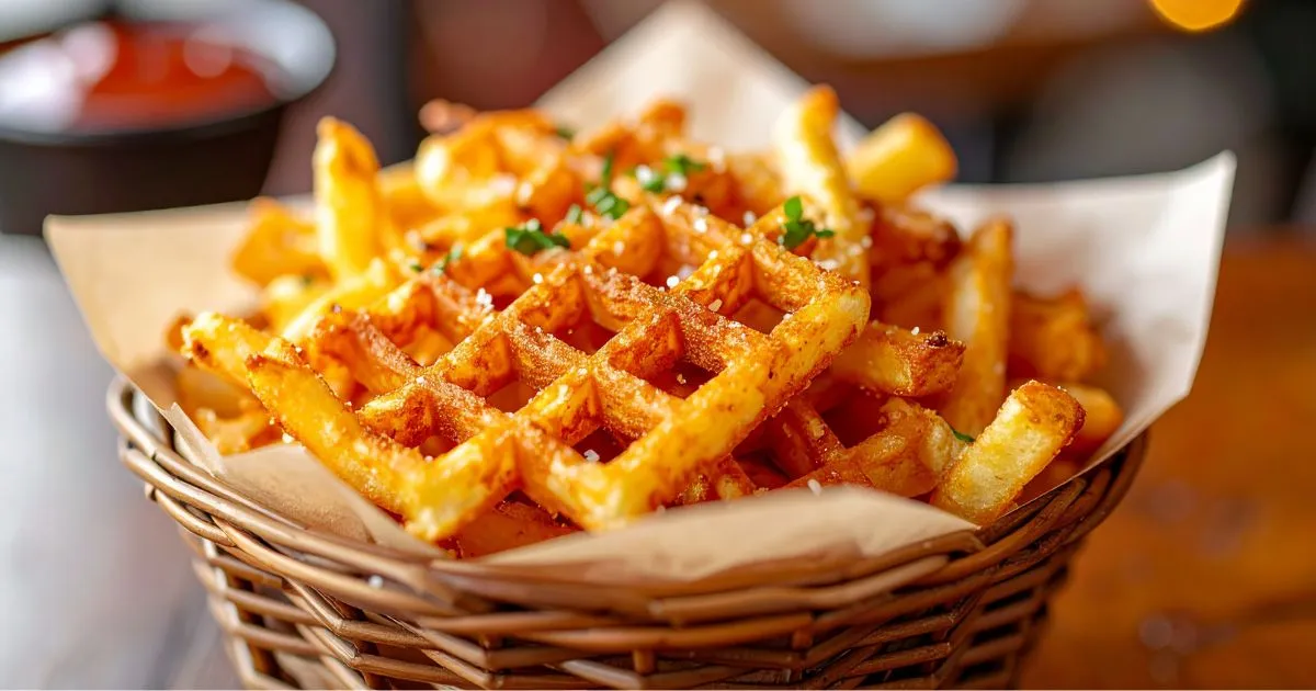 Golden Chick-fil-A style waffle fries in a parchment-lined basket with dipping sauce, crispy texture and warm lighting in a restaurant setting.