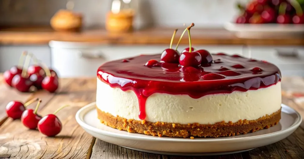 A no-bake cherry cheesecake with a creamy filling and graham cracker crust, topped with glossy cherries, displayed on a wooden table in natural light.