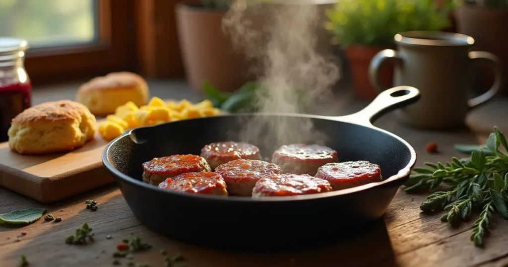 Deer breakfast sausage patties sizzling in a cast iron skillet, surrounded by fresh herbs, with scrambled eggs, biscuits, and wild berry jam on a rustic wooden table in warm morning light.