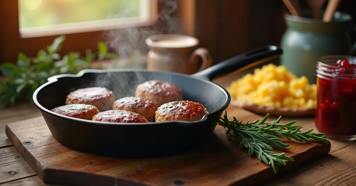 Deer breakfast sausage patties sizzling in a cast iron skillet, surrounded by fresh herbs, with scrambled eggs, biscuits, and wild berry jam on a rustic wooden table in warm morning light.