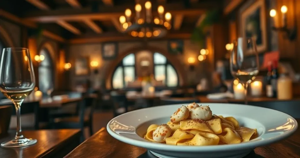 Cozy and upscale interior of Dua Italian Cuisine and Steak House featuring rustic decor and candlelit tables.