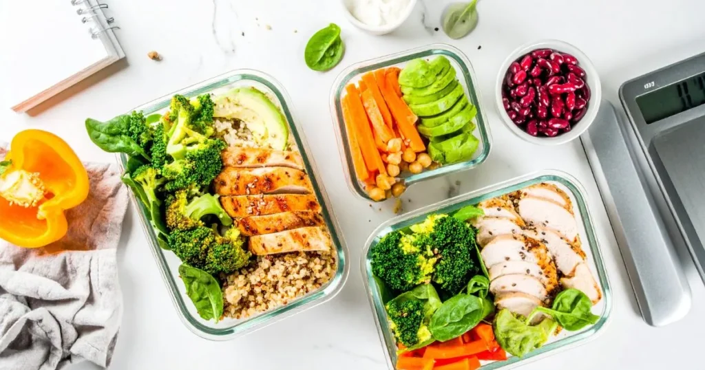 Clean Bulk Meal Plan setup with meal prep containers filled with lean protein, complex carbs, and vegetables, alongside a food scale and fitness planner on a kitchen counter.