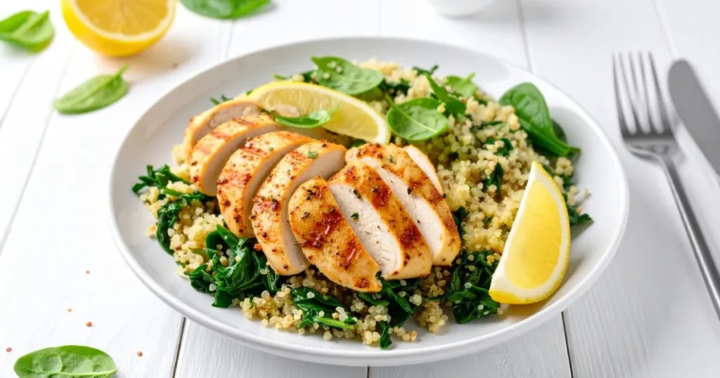 Low FODMAP dinner recipe featuring lemon-grilled chicken with quinoa and spinach, perfect for sensitive stomachs and clean eating.