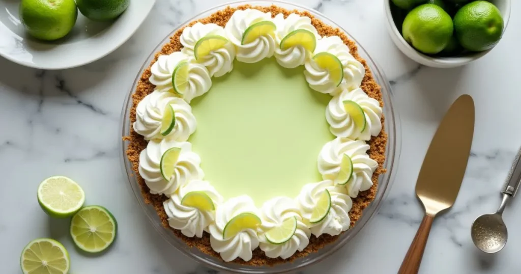 No-bake Key Lime Pie in a graham cracker crust, topped with whipped cream and lime slices, styled on a marble countertop with fresh key limes and a pie server nearby.