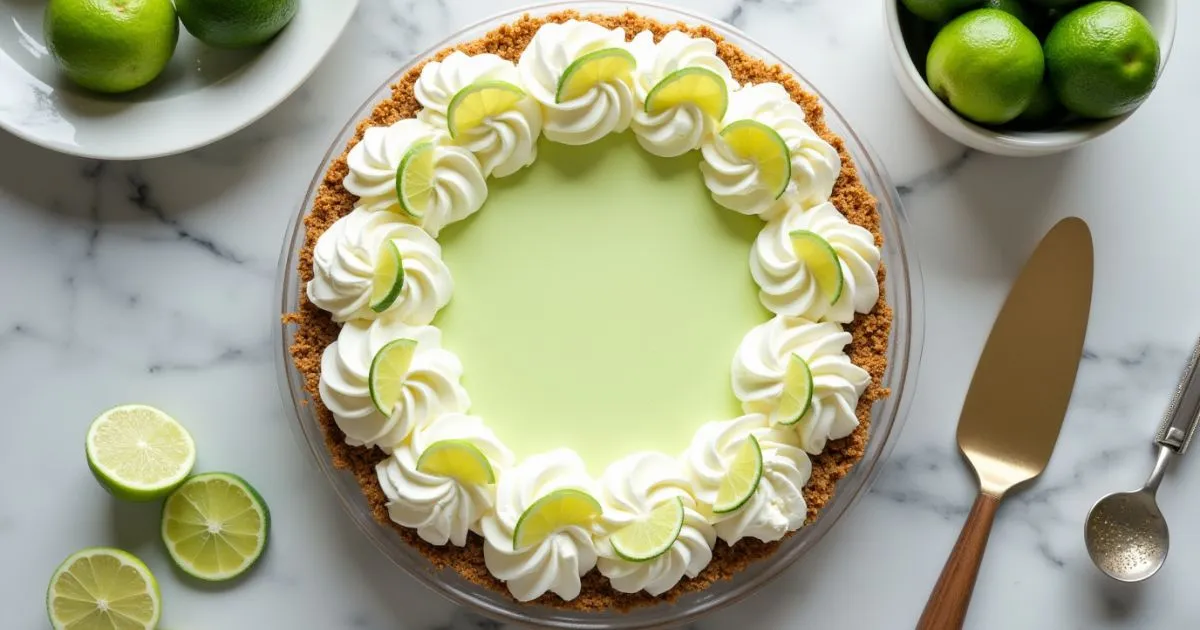 No-bake Key Lime Pie in a graham cracker crust, topped with whipped cream and lime slices, styled on a marble countertop with fresh key limes and a pie server nearby.