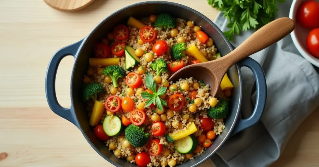 Healthy One Pot Meals with colorful vegetables, lean protein, and grains simmering in a large pot, garnished with fresh herbs and styled on a kitchen counter for a quick and nutritious dinner.