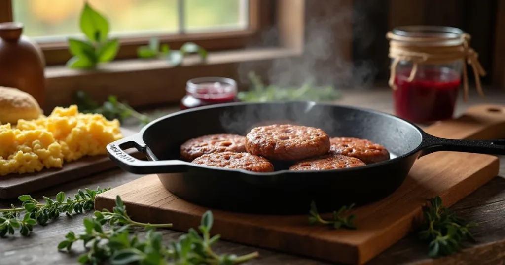 Deer breakfast sausage patties sizzling in a cast iron skillet, surrounded by fresh herbs, with scrambled eggs, biscuits, and wild berry jam on a rustic wooden table in warm morning light.