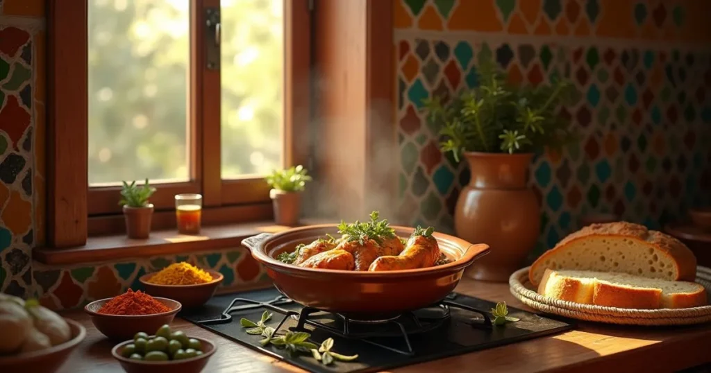 Authentic Moroccan chicken tagine cooking in a traditional clay pot, surrounded by olives, preserved lemons, and spices in a rustic kitchen setting with warm natural lighting.