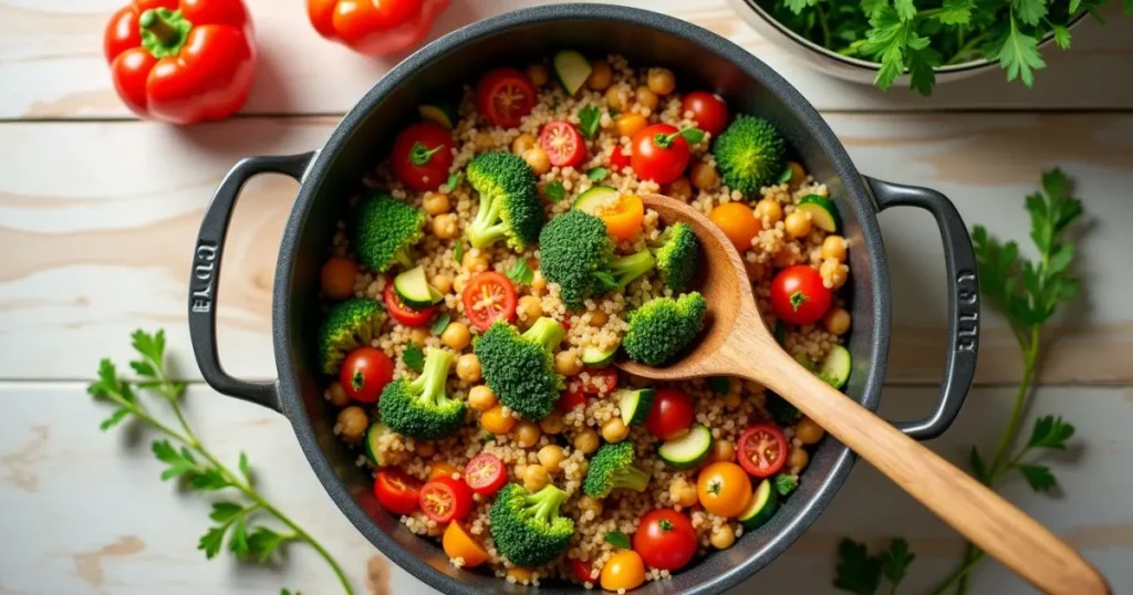 Healthy One Pot Meals with colorful vegetables, lean protein, and grains simmering in a large pot, garnished with fresh herbs and styled on a kitchen counter for a quick and nutritious dinner.